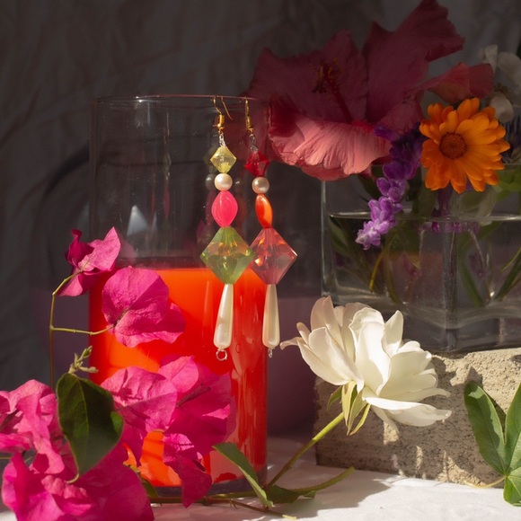 Pearl Jewel Statement Earrings (Pink/Green Mix) - Picture 3 of 4